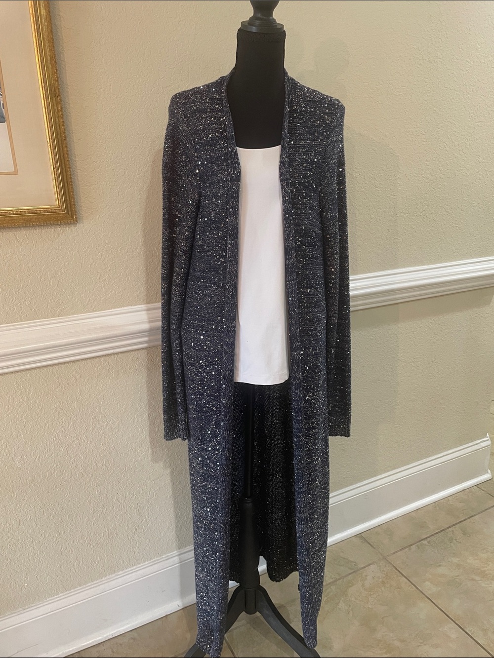 White House Black Market Long Navy Sparkled Open Cardigan